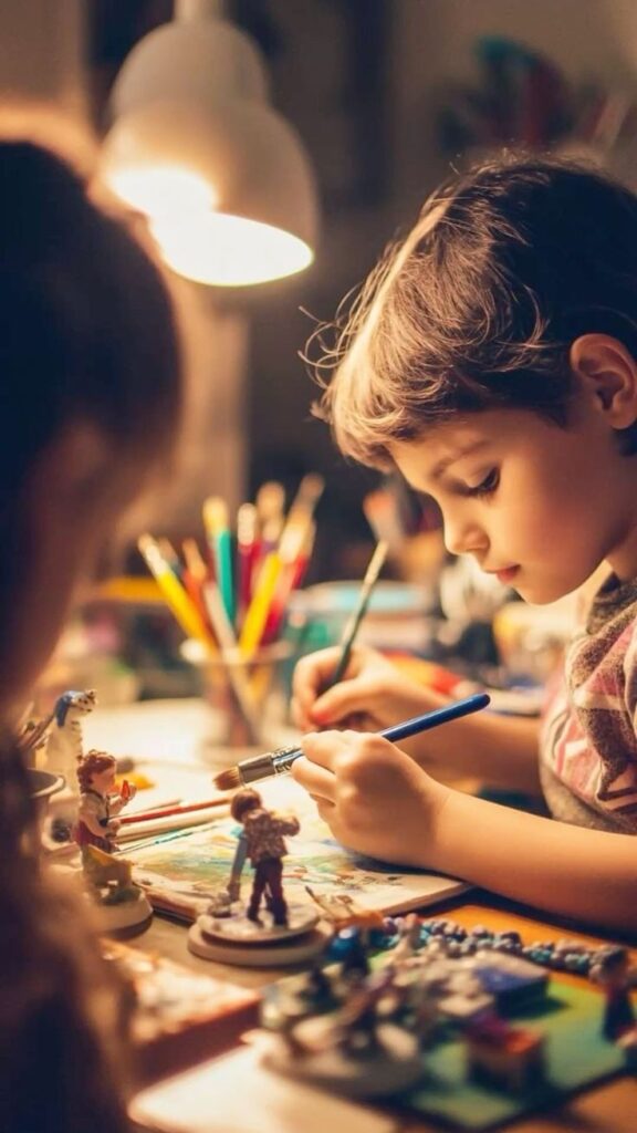 Child painting miniature figures with brushes and colorful pencils under warm light, focusing on creativity and detail.