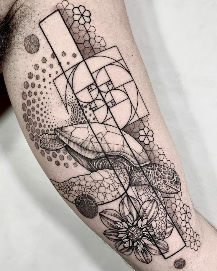 _ 6 Geometric tattoo with a turtle, sunflower, and hexagonal patterns on skin. | Sky Rye Design Geometric tattoo with a turtle, sunflower, and hexagonal patterns on skin.