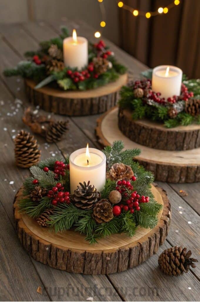 Rustic holiday centerpiece with candles, pinecones, berries, and greenery on wood slices, perfect for festive table decor.