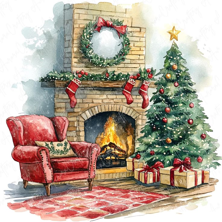 6 Watercolor Cozy Fireplace Clipart Festive Living Room Clipart Festive Tree Clipart Clipart Festive Crafts High-Quality JPG Download Cozy Christmas scene with a decorated tree, stockings on a fireplace, gifts, and a red armchair, creating a festive holiday atmosphere. | Sky Rye Design Cozy Christmas scene with a decorated tree, stockings on a fireplace, gifts, and a red armchair, creating a festive holiday atmosphere.