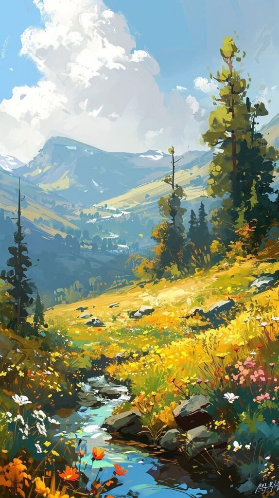 Illustrated mountain landscape with colorful wildflowers, a flowing stream, and a clear sky, capturing serene natural beauty.