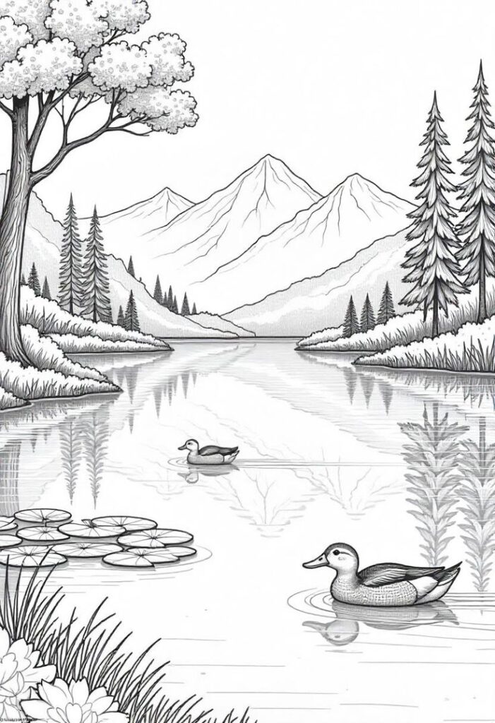 601be196c14b9cf896b66aed59f327bb Illustration of ducks swimming in a serene lake surrounded by mountains and trees. Perfect nature scene for coloring and relaxation. | Sky Rye Design Illustration of ducks swimming in a serene lake surrounded by mountains and trees. Perfect nature scene for coloring and relaxation.