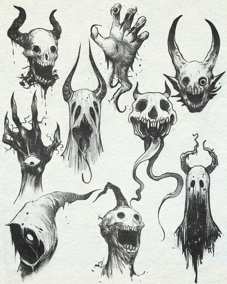 Creepy abstract black and white drawings of skulls and monstrous figures with horns and claws, showcasing eerie and artistic horror designs.