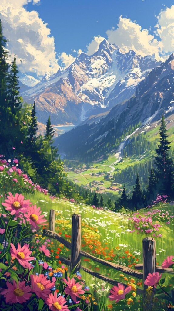 Vibrant alpine meadow with colorful flowers, wooden fence, and majestic snow-capped mountains under a bright blue sky.
