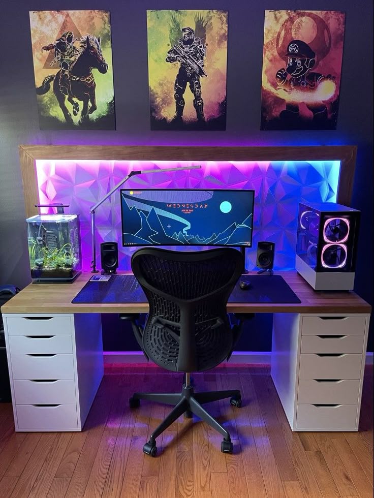 Gaming setup with LED-lit desk, widescreen monitor, gaming PC, ergonomic chair, and posters on wall art in a modern, stylish room.