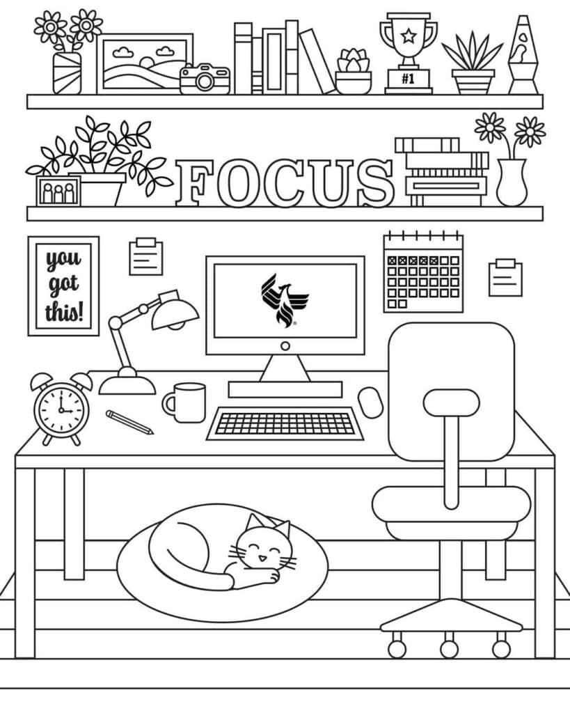 Minimalist workspace with desk, computer, plants, decor, and a cozy cat under the table, emphasizing focus and productivity.