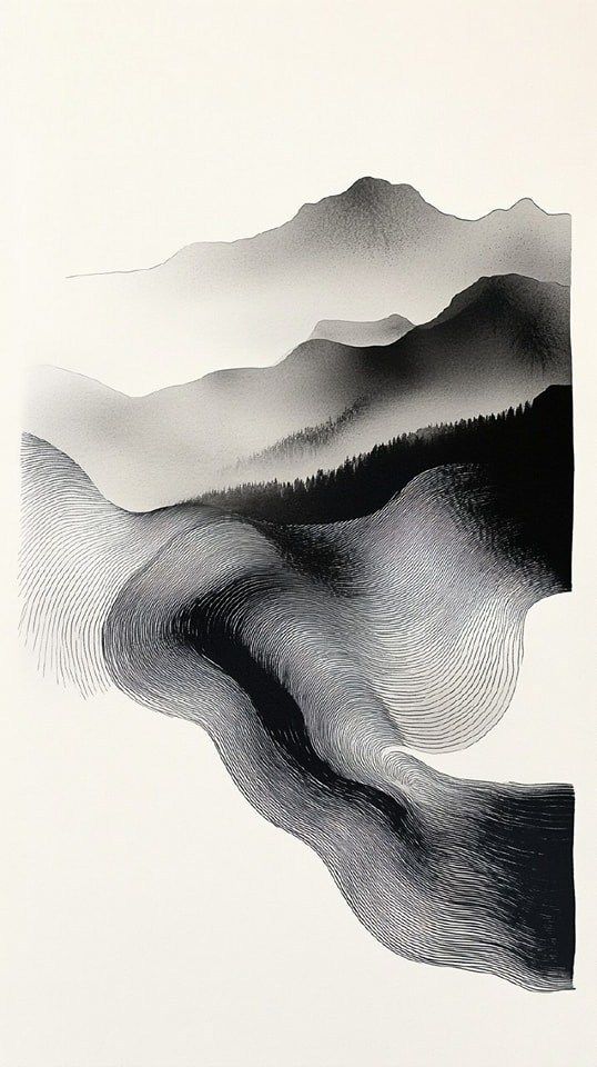Abstract mountain landscape with swirling lines and gradients, creating a serene and artistic black and white nature scene.
