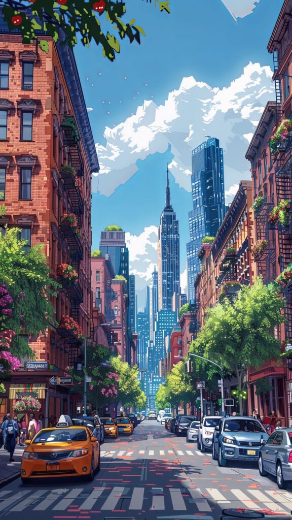 Illustration of a vibrant city street with cars, lush greenery, and towering skyscrapers under a bright blue sky.