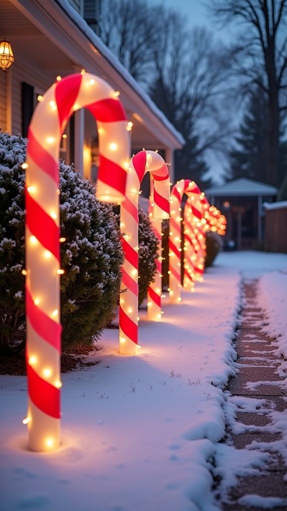 63049e9a27616dd269cf7e4537140e4c Festive candy cane lights illuminate a snowy walkway, creating a warm holiday atmosphere next to a cozy home at dusk. | Sky Rye Design Festive candy cane lights illuminate a snowy walkway, creating a warm holiday atmosphere next to a cozy home at dusk.