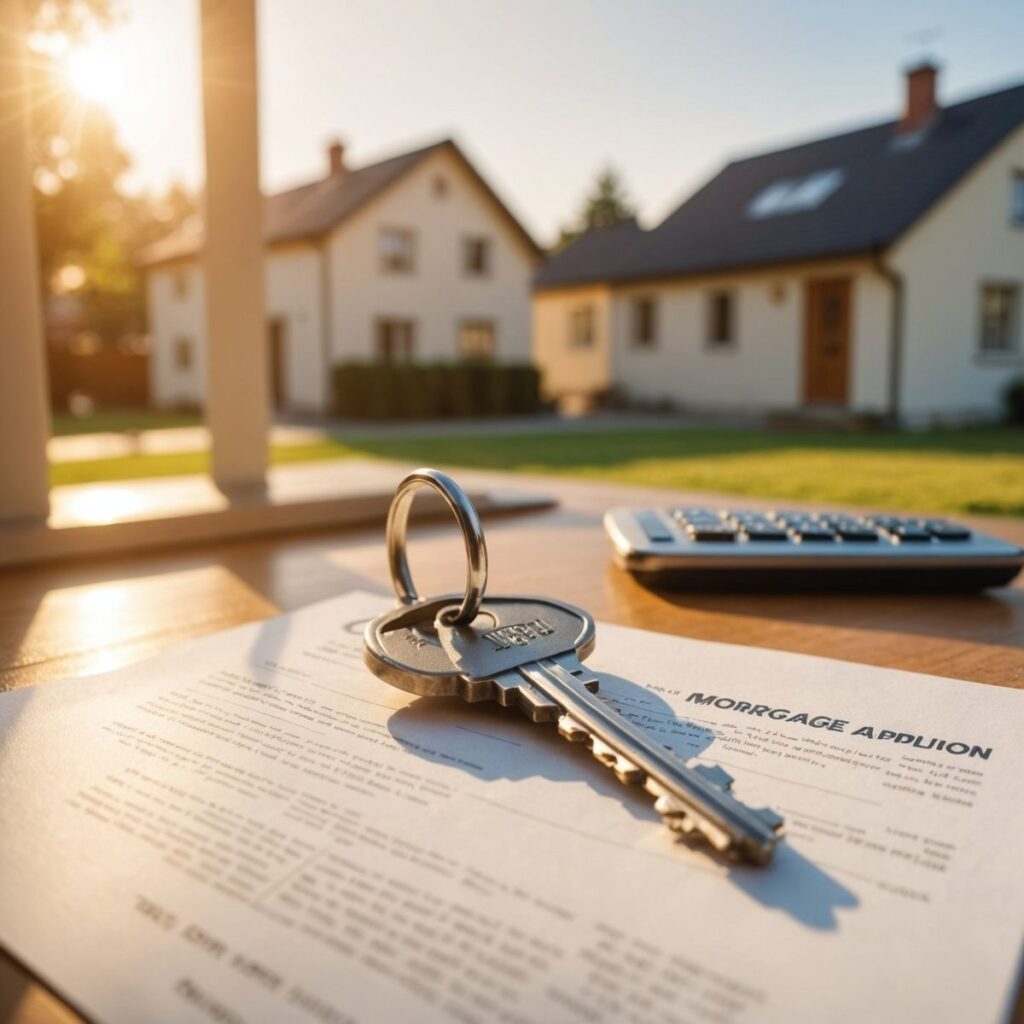 6486a2e894312de3107da9f89fee2b15 Keys on a mortgage document with houses and calculator in background, symbolizing home buying process. | Sky Rye Design Keys on a mortgage document with houses and calculator in background, symbolizing home buying process.