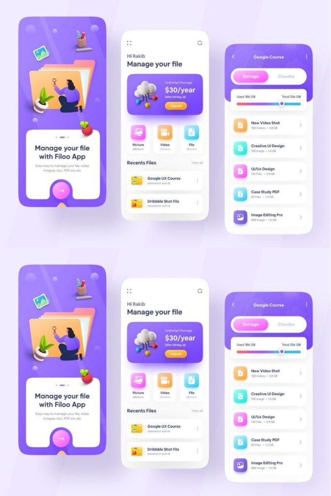 Mobile app screenshot displaying a file management interface with vibrant icons, storage options, recent files, and a $30/year offer.