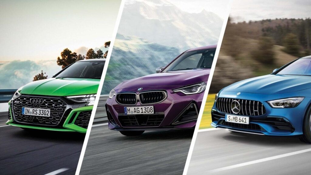 Three luxury cars on display: a green Audi, a purple BMW, and a blue Mercedes, showcasing sleek designs and powerful performance.