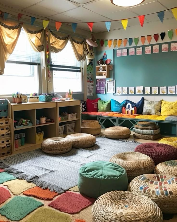 64db65b7-0d2a-418b-9ee0-ef124b96f942 Cozy, colorful classroom with seating, rugs, shelves, and decorations for a vibrant learning environment. Perfect for young children. | Sky Rye Design Cozy, colorful classroom with seating, rugs, shelves, and decorations for a vibrant learning environment. Perfect for young children.