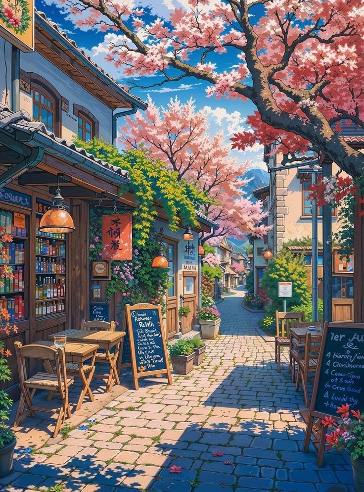 Charming cobblestone street with outdoor cafe seating, vibrant flowers, and cherry blossoms under a bright blue sky.