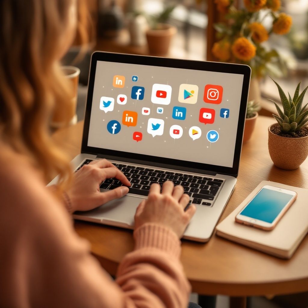 65c0f5023f45a88e8de6ab7104883dd3 Person using a laptop displaying social media icons, with a smartphone and potted plants on a wooden table, enhancing digital connection. | Sky Rye Design Person using a laptop displaying social media icons, with a smartphone and potted plants on a wooden table, enhancing digital connection.