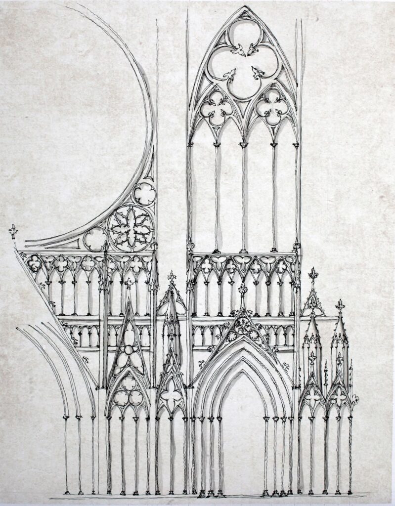 Intricate Gothic architectural sketch featuring pointed arches and ornate tracery on a light background, capturing medieval design.