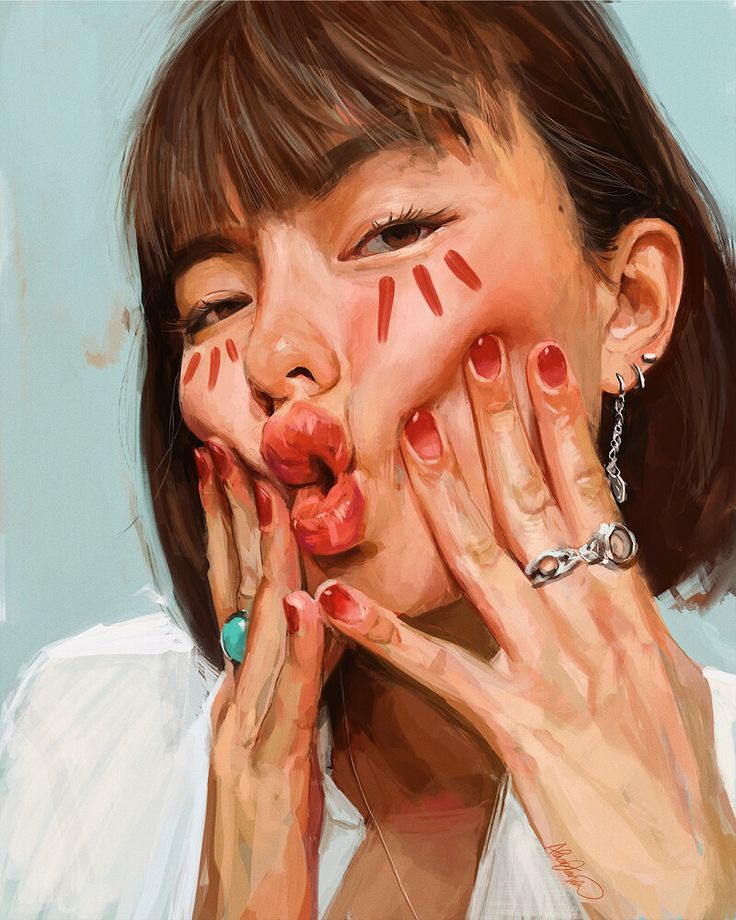 Illustrated woman with playful expression, adorned with rings and makeup accents on cheeks, making a kissy face.