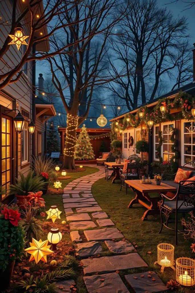 Cozy holiday backyard with string lights, ornamented trees, and festive decor creating a warm, inviting atmosphere at dusk.