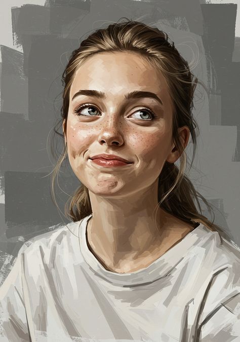 Smiling young woman with freckles, wearing a white shirt, against a textured gray background. Digital art portrait aimed at capturing natural beauty.