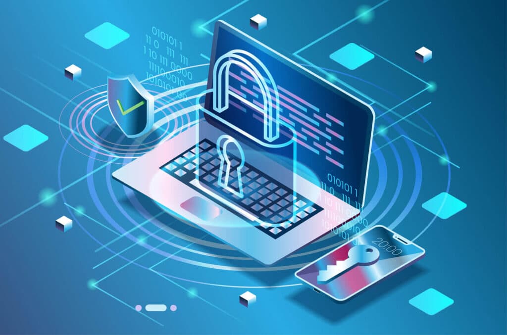 Laptop and smartphone with digital lock and cybersecurity symbols, representing secure online data protection and encryption.