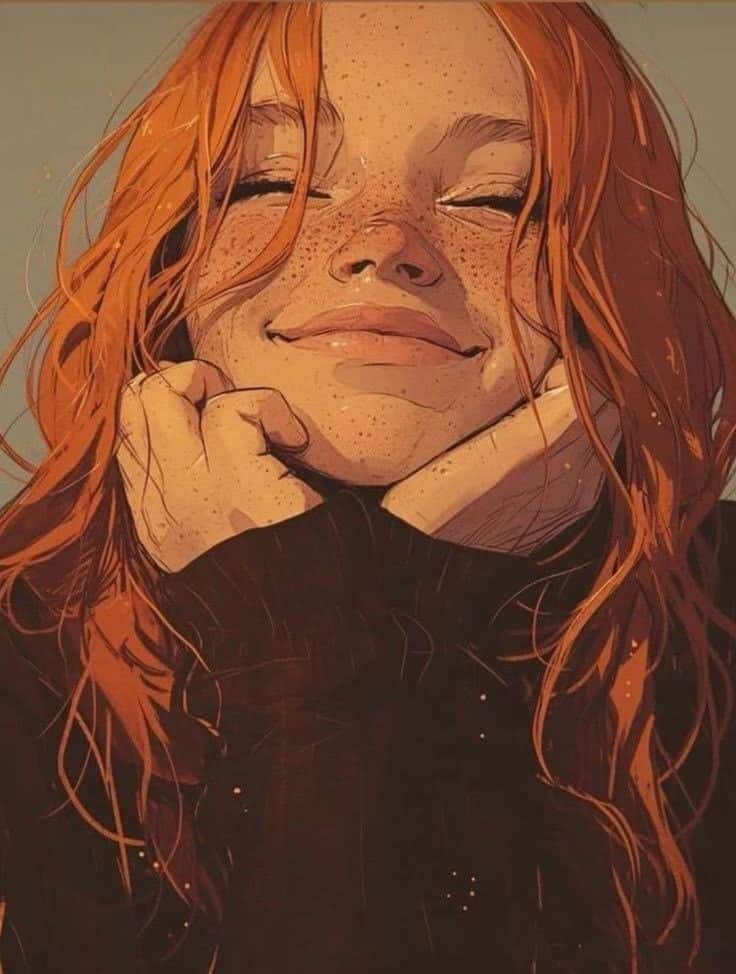 Illustration of a smiling woman with long red hair and freckles, eyes closed in a content expression, wearing a black turtleneck sweater.
