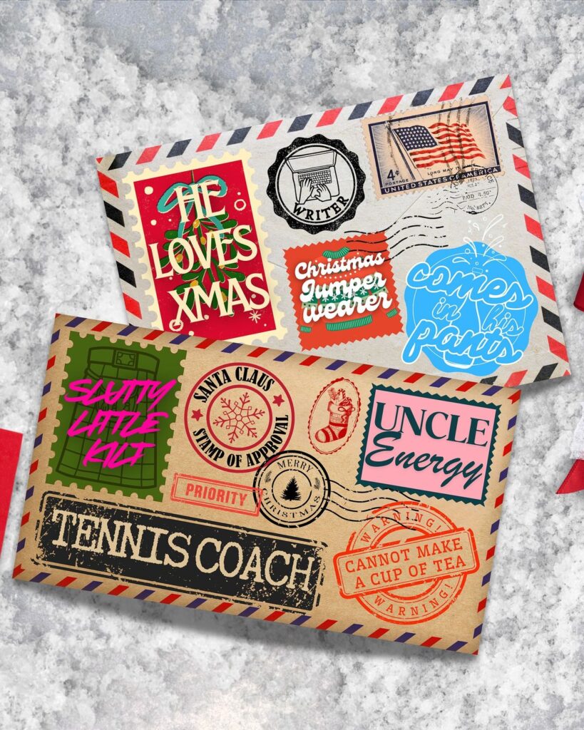 68dc5a5e65f020d890c86d8132aa43da Envelopes with vintage and humorous stamps, including Christmas themes and quirky messages, on a snowy background. | Sky Rye Design Envelopes with vintage and humorous stamps, including Christmas themes and quirky messages, on a snowy background.