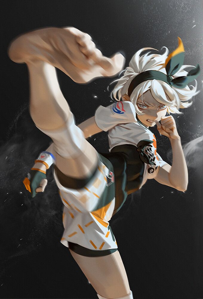 Anime character performing a high kick with determination, wearing a sporty outfit featuring a headband, gloves, and dynamic motion.