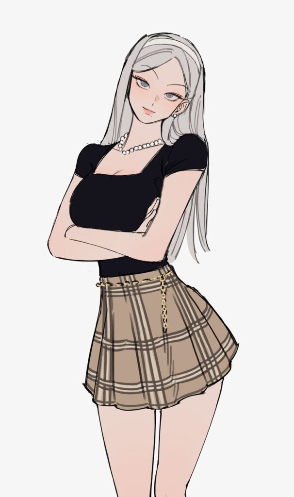 69ba58cc-b6e6-4970-99f8-558fac851da2 Anime girl with long silver hair, wearing a black top and plaid skirt, arms crossed, stylish and confident expression. | Sky Rye Design Anime girl with long silver hair, wearing a black top and plaid skirt, arms crossed, stylish and confident expression.