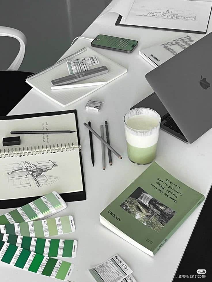Workspace with sketchbooks, green palette swatches, a laptop, phone, and a green matcha latte, ideal for creative projects.