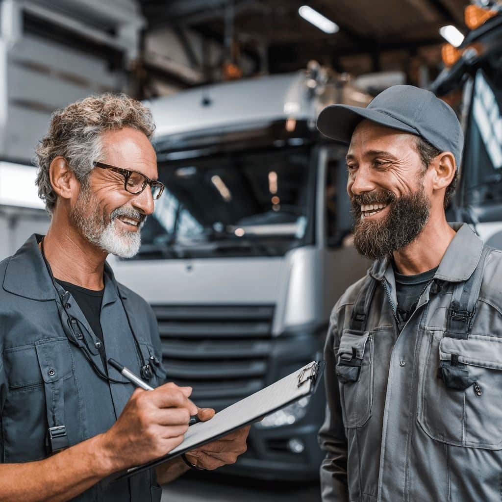 Two mechanics in a garage smiling and discussing a checklist in front of a truck, showcasing teamwork and vehicle maintenance expertise.