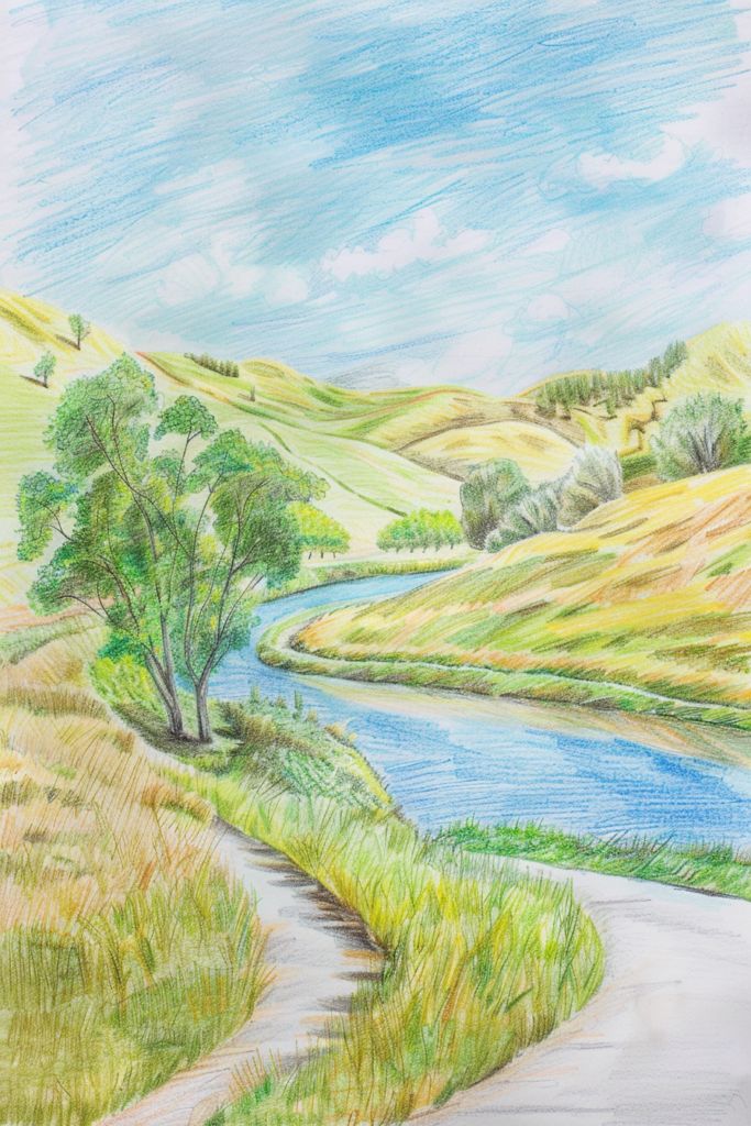 6a668b8fa2c3889e3cbbe1b7fbe585a2 Colorful landscape drawing of a winding river through lush green hills, under a bright blue sky with fluffy clouds. | Sky Rye Design Colorful landscape drawing of a winding river through lush green hills, under a bright blue sky with fluffy clouds.