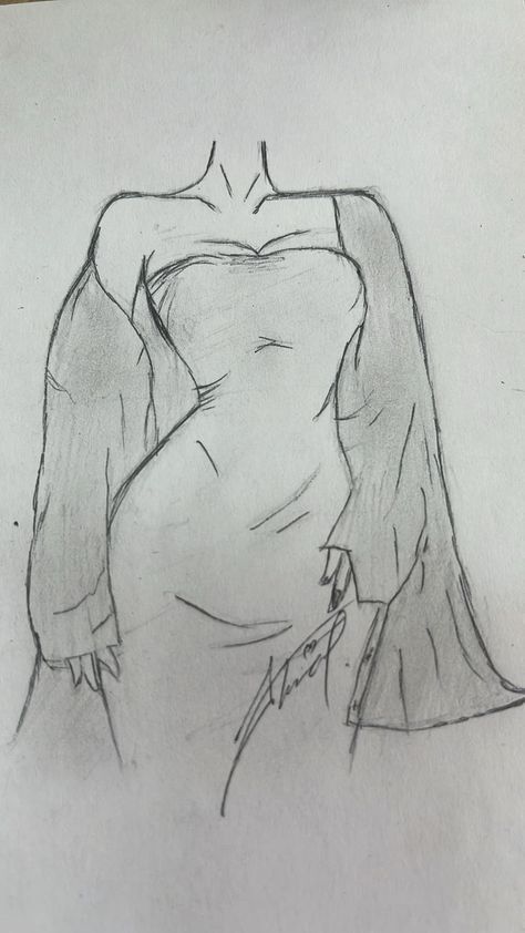 Pencil sketch of a strapless dress with a flowing shawl, showcasing elegant fashion design on white paper.