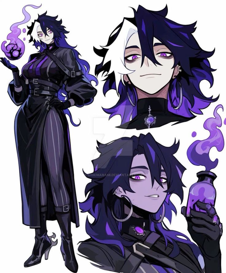 6d825584-9fd4-4f58-9e60-ff4217b3b96e Anime character with long purple hair, dark outfit, and potion, depicted in various poses. Mysterious and magical theme. | Sky Rye Design Anime character with long purple hair, dark outfit, and potion, depicted in various poses. Mysterious and magical theme.