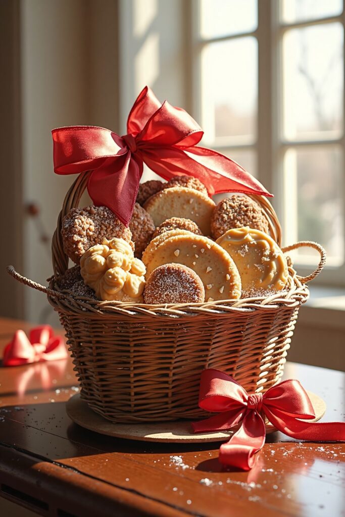 Basket of assorted cookies with a red ribbon on a sunlit table, perfect for festive gifting.