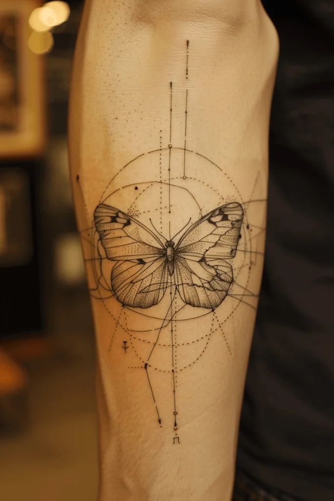 6fa1adc70dd91c3336c599029193a9be Geometric butterfly tattoo with fine line details on a forearm, showcasing artistic precision and intricate design. | Sky Rye Design Geometric butterfly tattoo with fine line details on a forearm, showcasing artistic precision and intricate design.