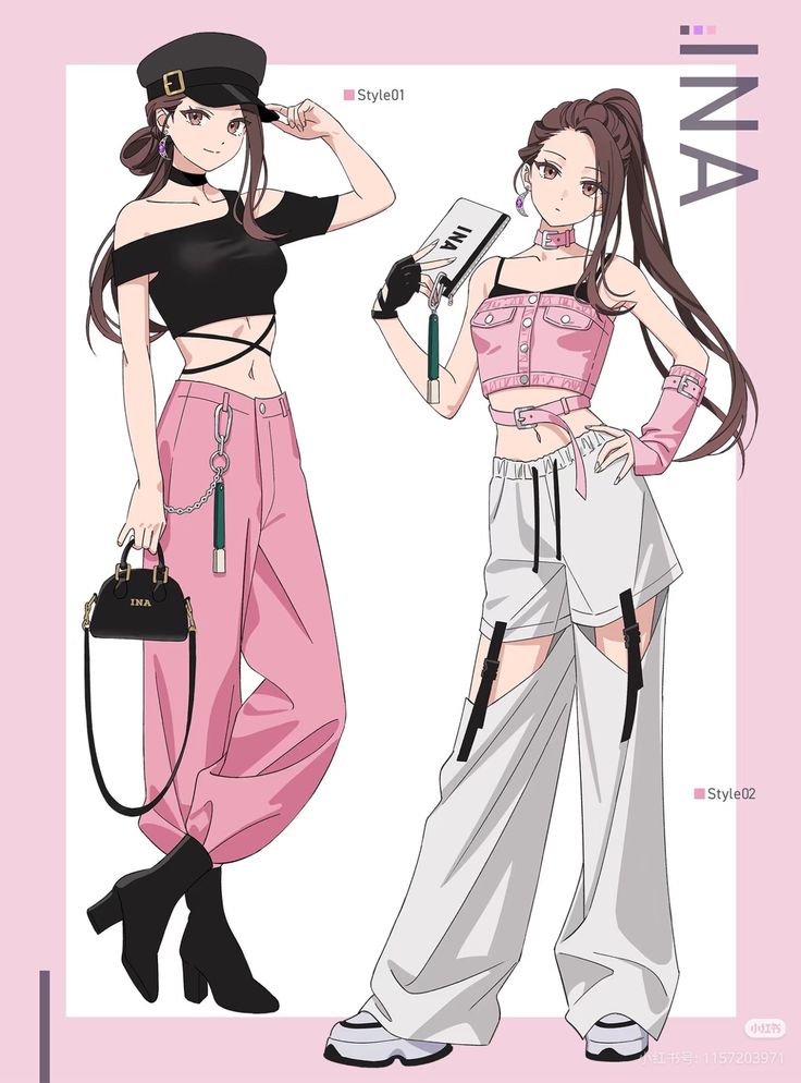 6fdc02b6-30bb-455c-a1e2-d92acf8e6ffc Anime characters in trendy outfits: one in pink pants and black top, the other in white and pink ensemble, both with stylish accessories. | Sky Rye Design Anime characters in trendy outfits: one in pink pants and black top, the other in white and pink ensemble, both with stylish accessories.