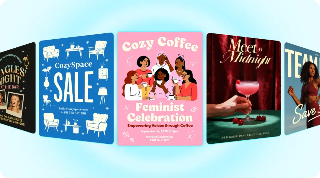 6j4w6je5mr63m1bn Colorful event posters for Singles' Night, CozySpace Sale, Feminist Coffee Celebration, and Meet at Midnight cocktail promo. | Sky Rye Design Colorful event posters for Singles' Night, CozySpace Sale, Feminist Coffee Celebration, and Meet at Midnight cocktail promo.