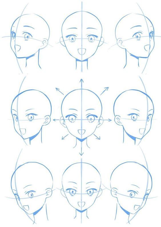 _ 7 Anime head drawing tutorial showing front and side views, blue line sketches for different angles. | Sky Rye Design Anime head drawing tutorial showing front and side views, blue line sketches for different angles.