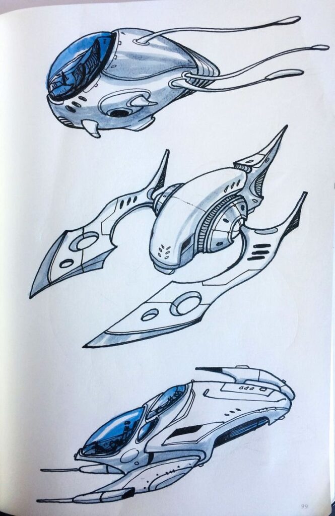 _ 7 Three futuristic spaceship sketches, showcasing sleek designs with aerodynamic shapes and intricate details for concept art inspiration. | Sky Rye Design Three futuristic spaceship sketches, showcasing sleek designs with aerodynamic shapes and intricate details for concept art inspiration.