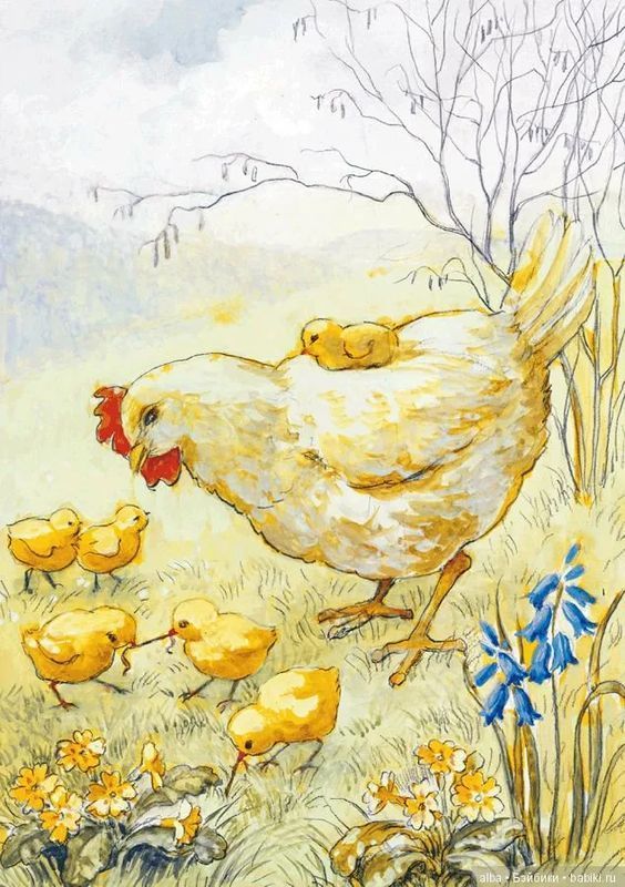 Illustrated hen with chicks in a spring meadow with blossoming flowers and blue skies, conveying warmth and nature's beauty.