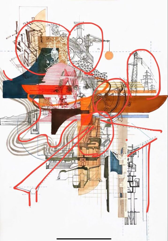 Abstract architectural sketch with red circles, featuring geometric patterns, industrial elements, and human faces.