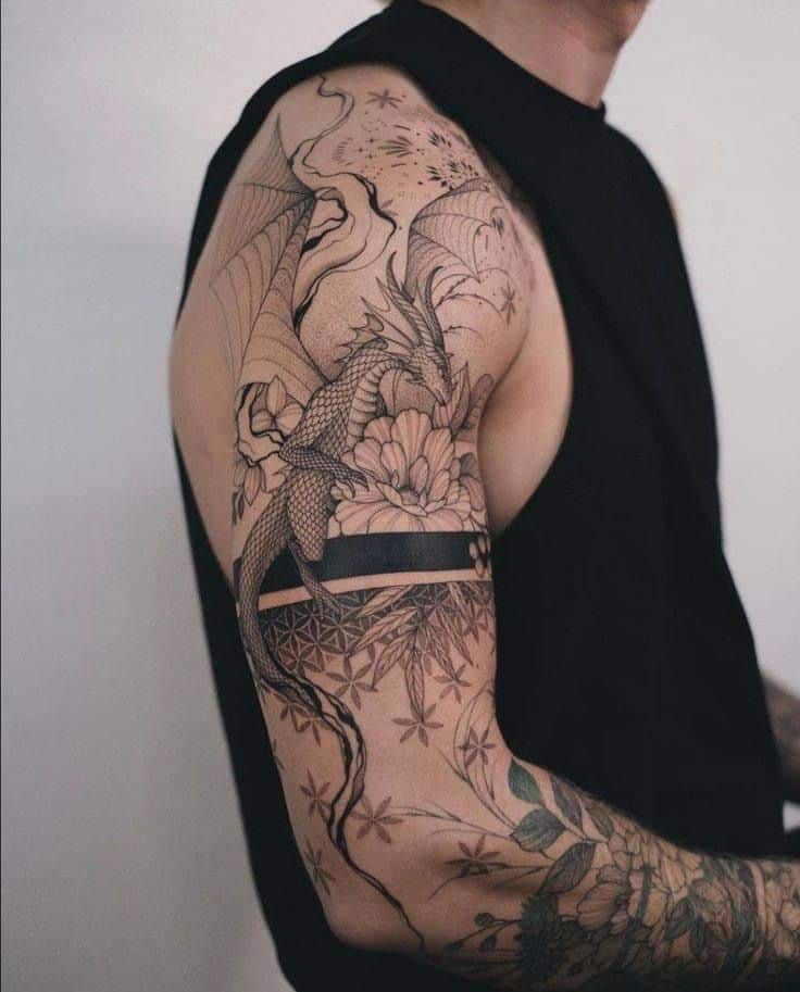 _ 7 Detailed dragon tattoo on a person's arm with floral and geometric designs, showcasing intricate linework. | Sky Rye Design Detailed dragon tattoo on a person's arm with floral and geometric designs, showcasing intricate linework.