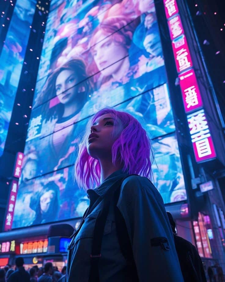 Person with purple hair gazes up at vibrant, illuminated city billboards at night, creating a futuristic, cyberpunk atmosphere.