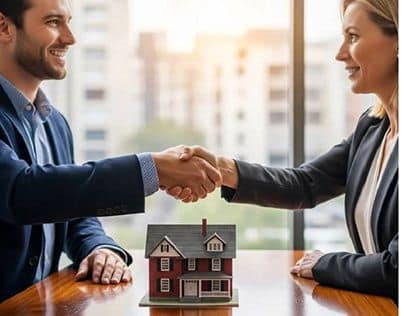 Two professionals shaking hands over a miniature house model, symbolizing a successful real estate deal with a city skyline view.