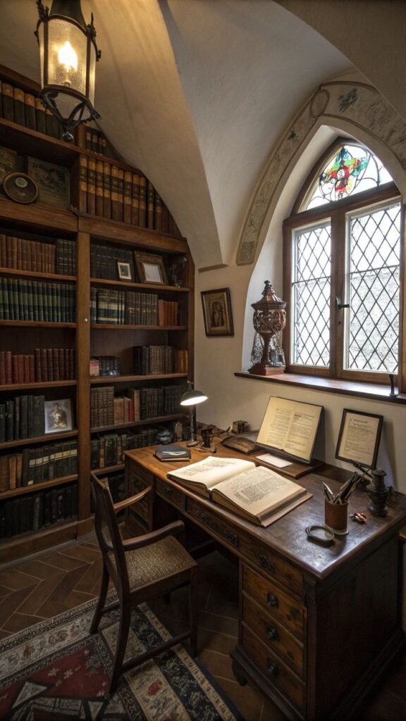 Vintage study room with wooden desk, bookshelves filled with old books, and an ornate stained-glass window creating a cozy atmosphere.
