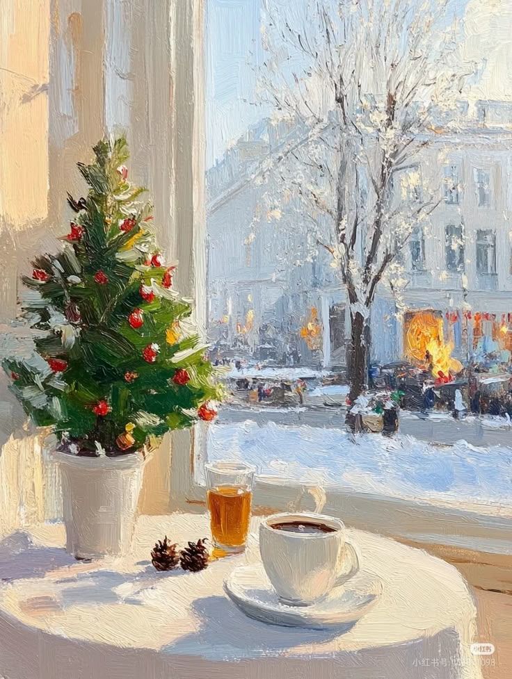 Cozy winter scene with a small decorated Christmas tree and coffee by the window overlooking a snowy street. Warm indoor ambiance.