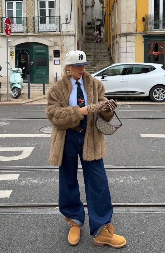 Stylish person in fur coat, jeans, cap, and boots holds a purse on an urban street.