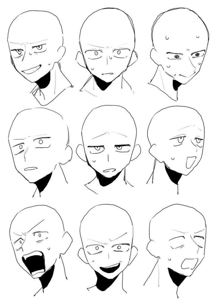 Nine different cartoon facial expressions, showcasing various emotions like surprise, anger, and confusion.