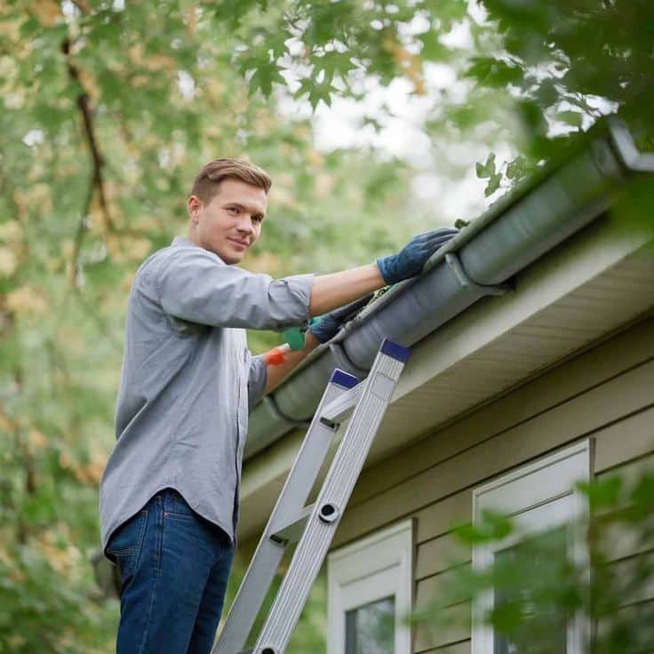 Man standing on a ladder cleaning house gutters; home maintenance in a leafy environment.