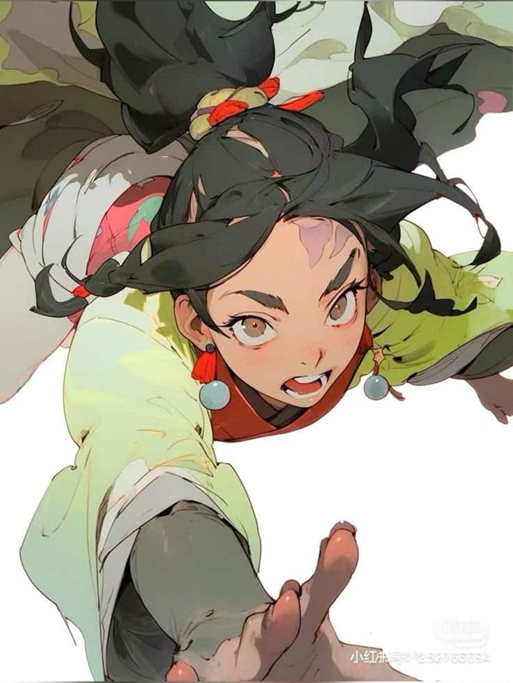 Dynamic illustration of a fierce young warrior reaching forward, with colorful attire and vibrant expression.